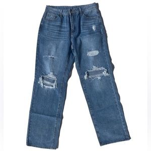 SHEIN size 32 Distressed faded blue denim straight leg jeans